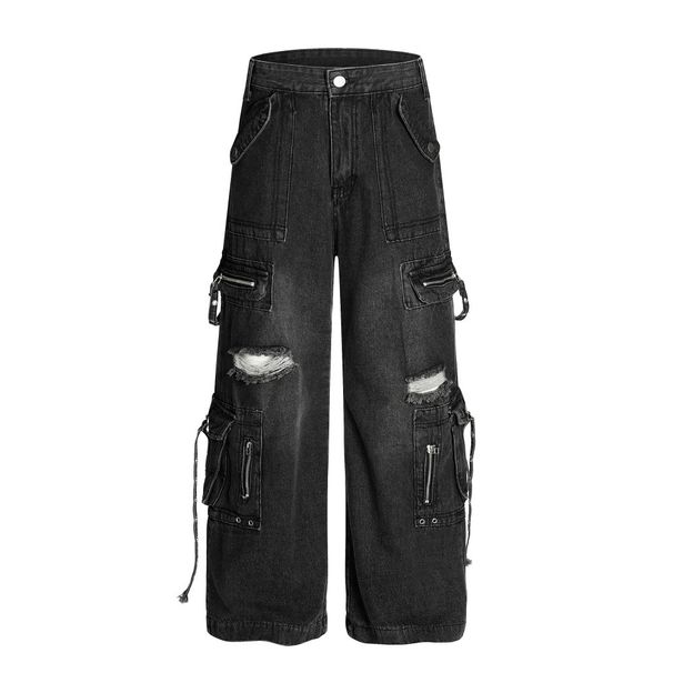 Post-apocalyptic Punk Multi-Pocket Cargo Ripped Jeans Trendy High Street Design Loose Straight Pants For Men_viptrois.com