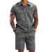 Men's Summer Casual Short Sleeve Knit Polo Set - Solid Color Jacquard Shorts Outfit (S-XXXL, White/Black/Navy/More)_viptrois.com