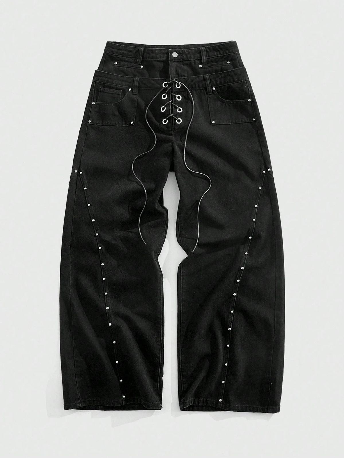 Retro Hip Hop Jeans – Distressed Denim Pants With Studded Details & Drawstring Waist, Loose Straight-Leg Unisex Style_viptrois.com