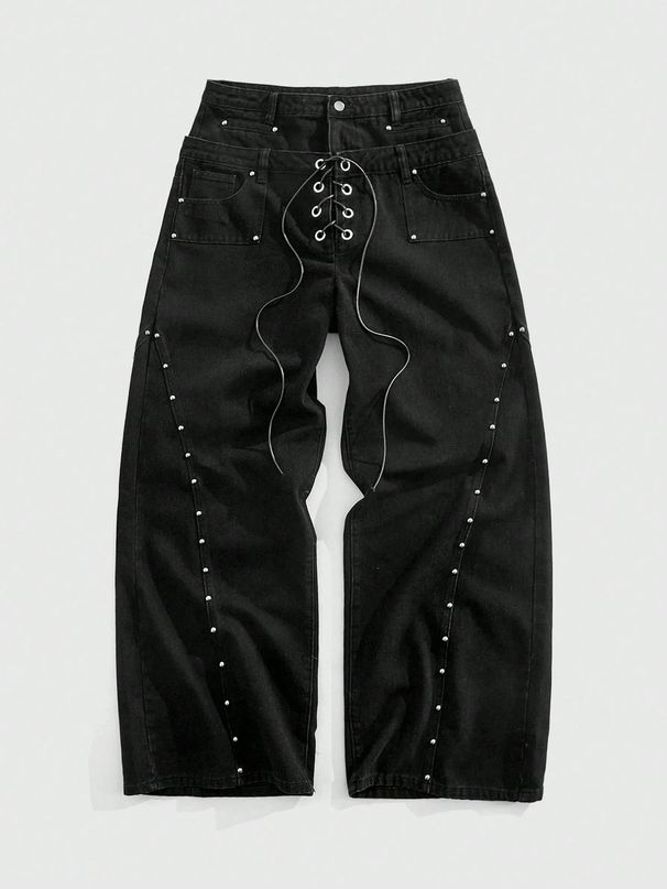 Retro Hip Hop Jeans – Distressed Denim Pants With Studded Details & Drawstring Waist, Loose Straight-Leg Unisex Style_viptrois.com