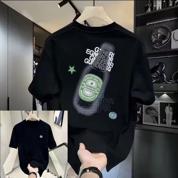 2025 Trendy Men's Short Summer Half Sleeve Thin Edition Beer Bottle Personalized Korean Version Slim Fit Round Neck_viptrois.com