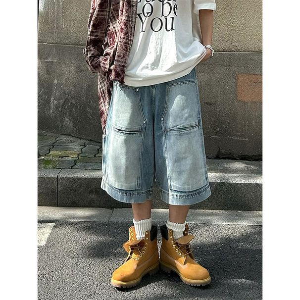 American High Street Washed Vintage Workwear Denim Shorts For Men Retro Niche Versatile Loose Straight Mid-Length Capri_viptrois.com