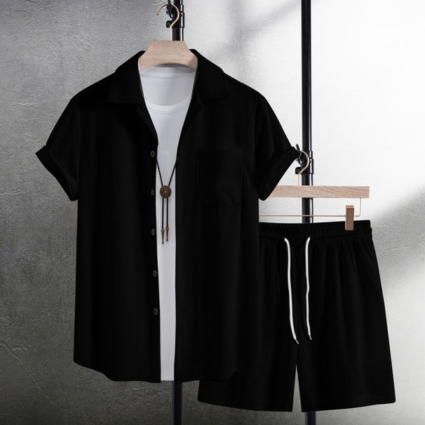 Men's Clothing Solid Color Corduroy Short Sleeved Shirt Shorts Fashion Sports Leisure Suit_viptrois.com