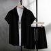 Men's Clothing Solid Color Corduroy Short Sleeved Shirt Shorts Fashion Sports Leisure Suit_viptrois.com