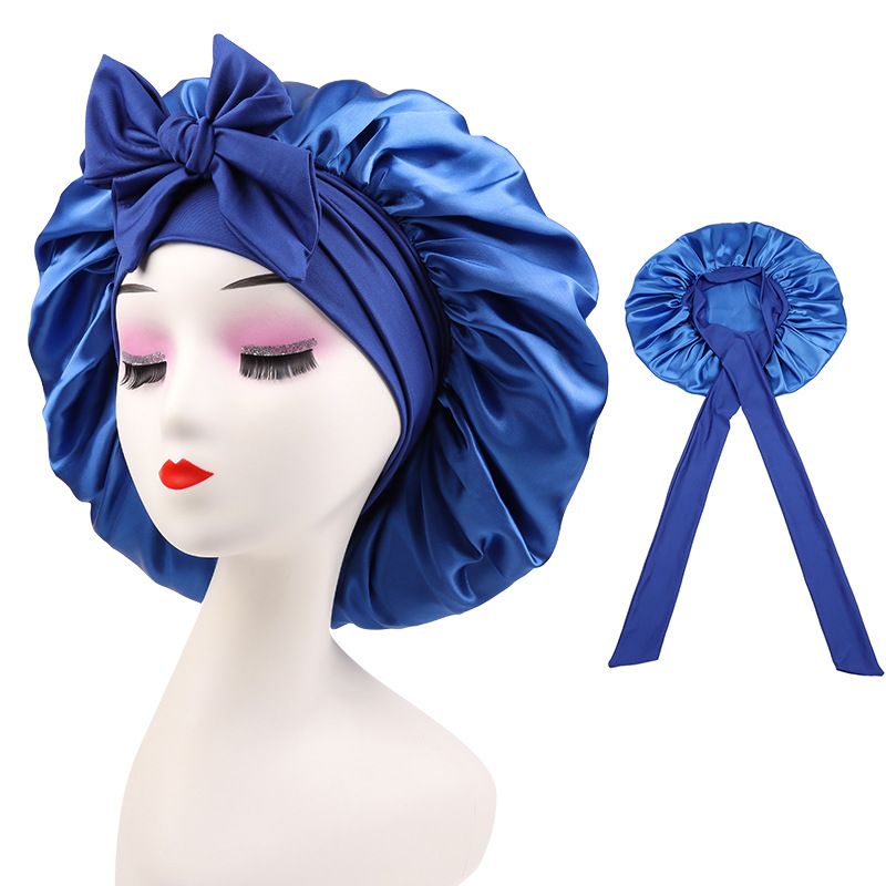 Elastic streamer satin round hat solid color women's long hair nightcap makeup hat knotted beauty perm hat_viptrois.com