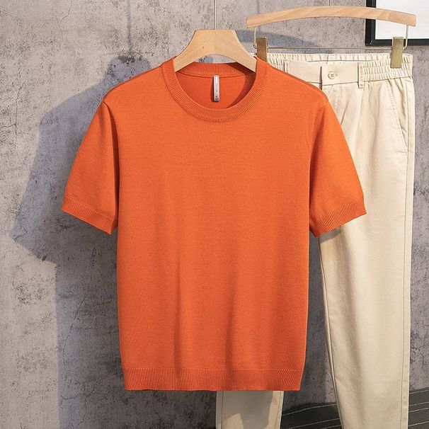 T25508 Anti-pilling Spring And Summer Knitted Men's Short-sleeved T-shirt, Round Neck, Solid Color Base, Simple And Mature_viptrois.com