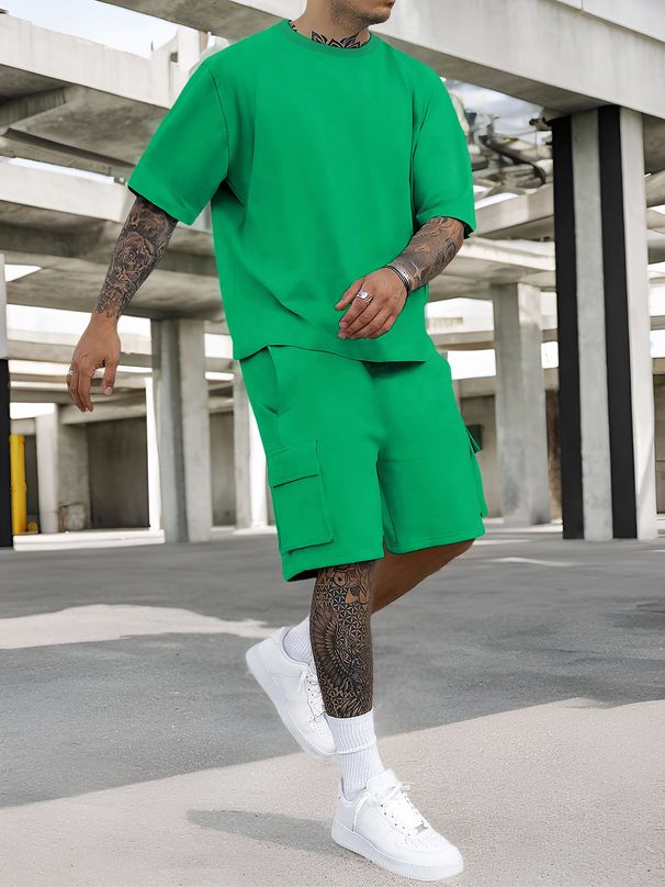 Men's 2-Piece Summer Outfit | Loose Fit T-Shirt & Shorts Set | Breathable Polyester | Grey/Apricot/Green/Black/White/Dark Green/Orange_viptrois.com