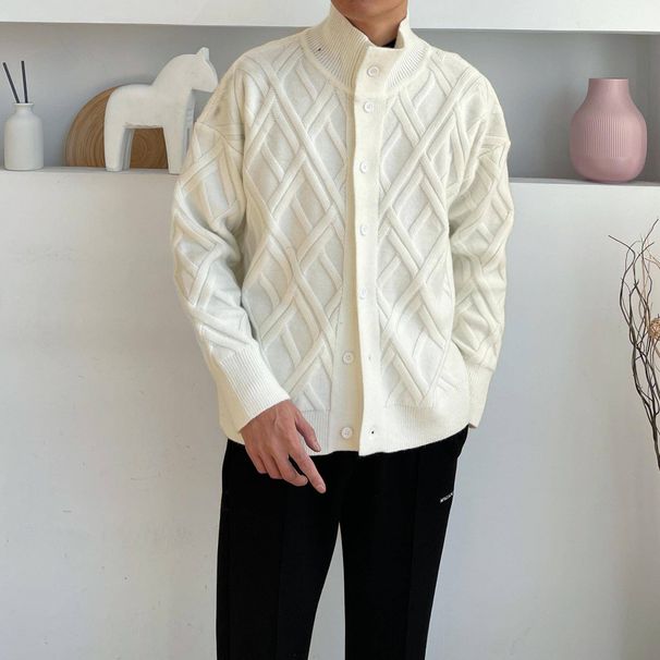 Korean Version Diamond Weave, Niche High-end Style Cardigan, Thickened Knitted Sweater, Semi-high-neck Green Sweater For Men_viptrois.com