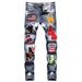 Man's clothing Hand painted white paint full wipe craft wash water personality towel embroidered badge small straight stretch jeans for men_viptrois.com