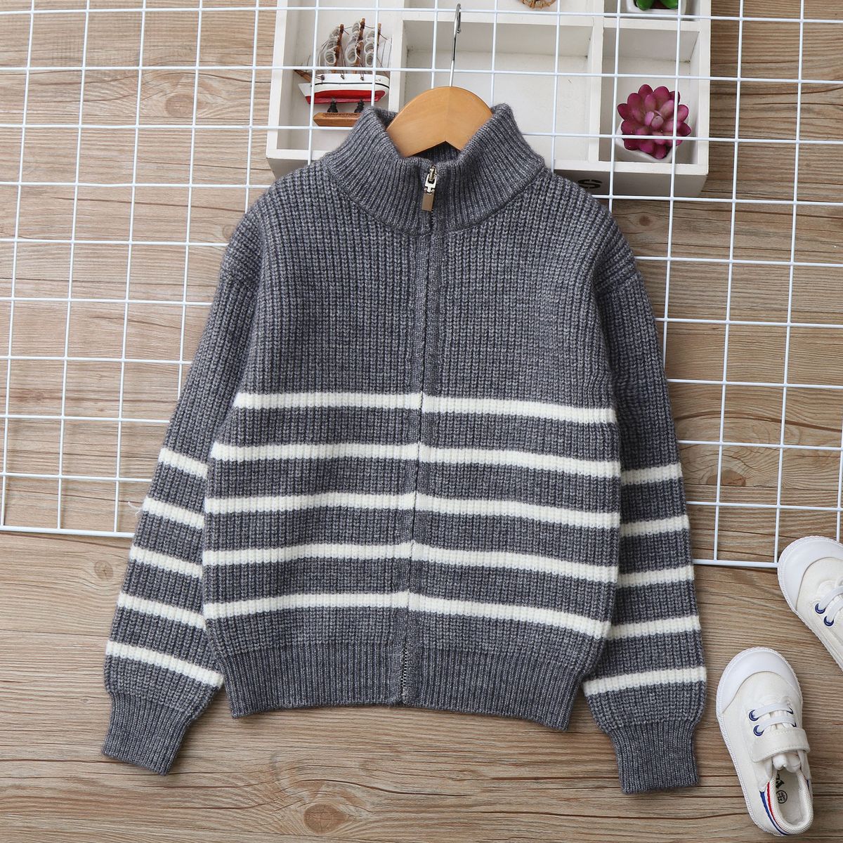 Mother & Kids Boys' Striped Lambswool Cardigan Sweater - Soft & Warm Knit Pullover For Big Kids (8+ Years), Long Sleeve, Stand Collar, Winter_viptrois.com
