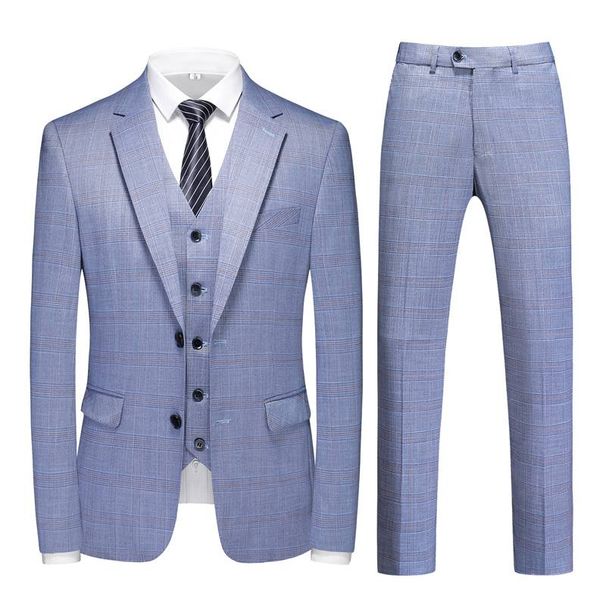 Men's Casual Slim-fit English Business Gentleman Plaid Suit Groom Best Man Banquet Three-piece Set + Waistcoat + Trousers_viptrois.com