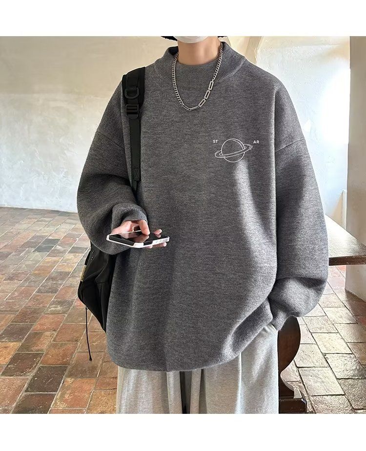 Autumn and winter soft glutinous earth lamb wool sweater for men, loose and simple, with warm knit sweater inside, trendy_viptrois.com