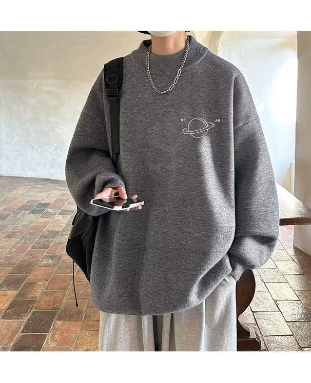 Autumn and winter soft glutinous earth lamb wool sweater for men, loose and simple, with warm knit sweater inside, trendy_viptrois.com