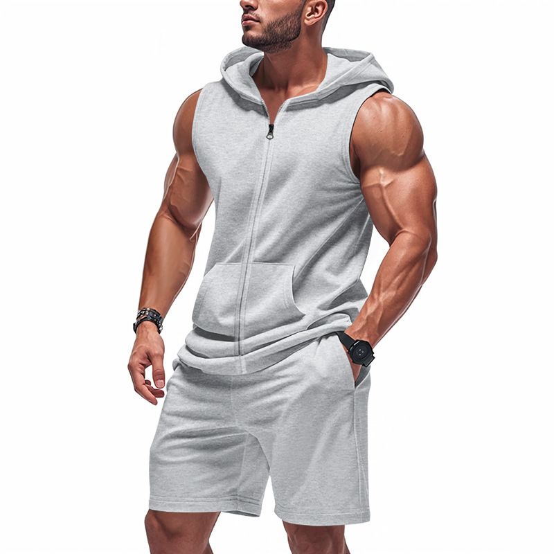 Men's Clothing Summer Suits Fitness Zipper Loose Casual Hooded Vest Suit_viptrois.com