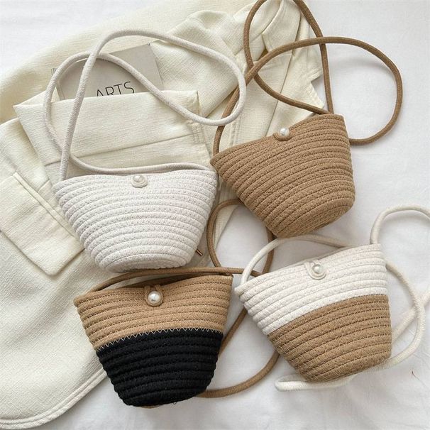 Contrasting Beach Bag, Fashion Woven Shoulder Crossbody Bag, 2024 Summer New Foreign Commuter Patchwork Bucket Bag_viptrois.com