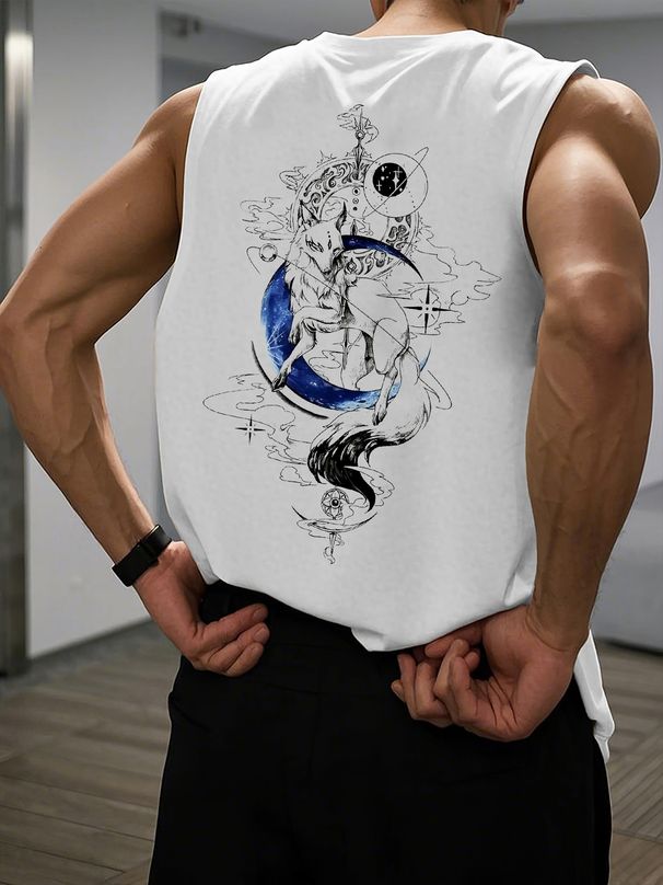 100% Pure Cotton Men's Summer Casual Sports Fitness Loose Fox Letter Pattern Printed Breathable Round Neck Sleeveless Vest_viptrois.com