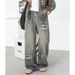 Men's Clothing Ripped Plaid Washed Jeans Spring New Style Trendy Trousers Loose Straight Casual Trousers_viptrois.com
