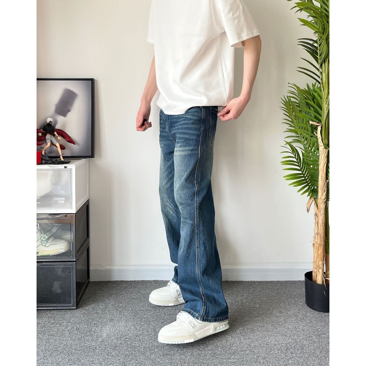 Men's Clothing Original New Dark Blue Washed Cleanfit Loose Straight Versatile Jeans_viptrois.com