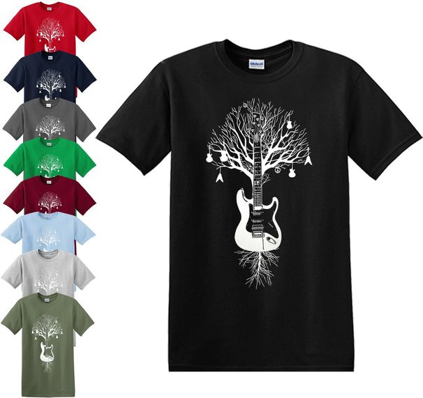 TREE OF GUITARS 100% Cotton T-shirt Mens Tees Top Acoustic Guitar Tree Of Life Rock Peace Bass Music Top_viptrois.com