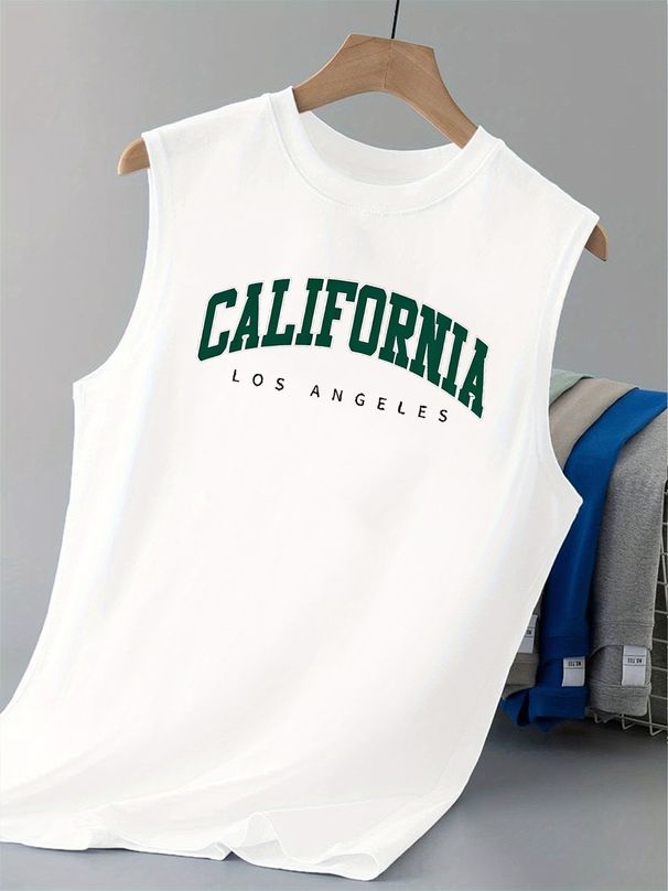 100% Pure Cotton Men's Summer Casual Sports Fitness Loose California Pattern Printed Breathable Round Neck Sleeveless Vest_viptrois.com