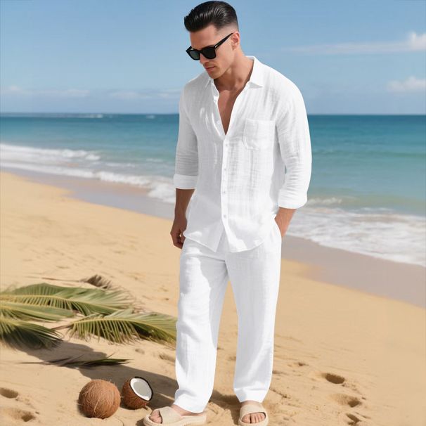 Men's Linen Collared Long-sleeved Shirt, Long Pants Suit - Perfect For Beach, Breathable And Suitable For A Relaxing Vacation Outfit._viptrois.com