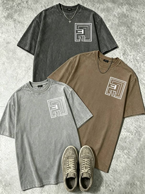 100% Cotton Washed Vintage Men's 3-Pack T-shirts Barbed Heart Shield Monogram Print Crew Neck Short Sleeve Casual Tops In Gray Brown Light Gray_viptrois.com