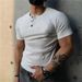 Men's Heavyweight Ribbed Cotton Henley T-Shirt Short Sleeved Slim Fit Button Down Style Fitness Training Top_viptrois.com