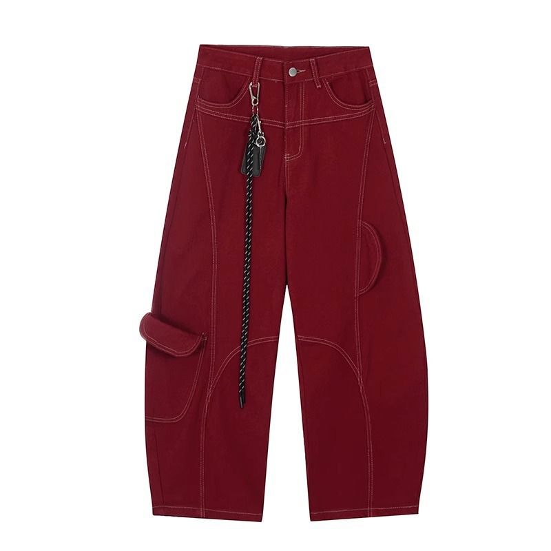 Men's High Street Deconstructed Jeans - Wide-Leg Cargo Pants With Asymmetrical Hem (Wine Red/Black)_viptrois.com