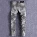 Men's Clothing High Street Fashion Retro Men's Jeans Distressed Gray Washed Ripped Patches Slightly Stretch Slim Fit Skinny Jeans Men's Trendy_viptrois.com