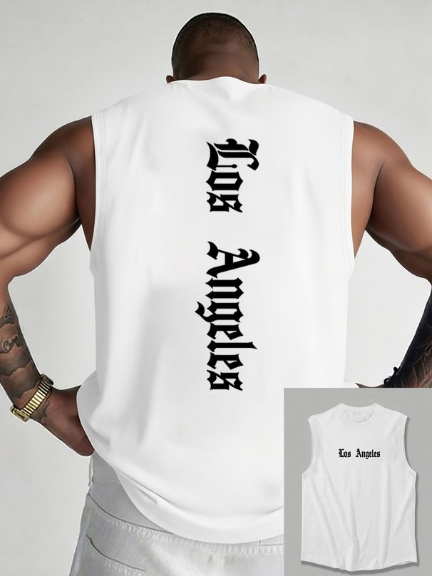 100% Pure Cotton Men's Summer Casual Sports Fitness Loose Los Angeles Letter Pattern Printed Breathable Round Neck Sleeveless Vest_viptrois.com