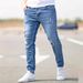 Women's Clothing Men's New Simple Hole Commuter Denim Trousers Slim Fit Slim Feet Trendy Handsome Jeans_viptrois.com