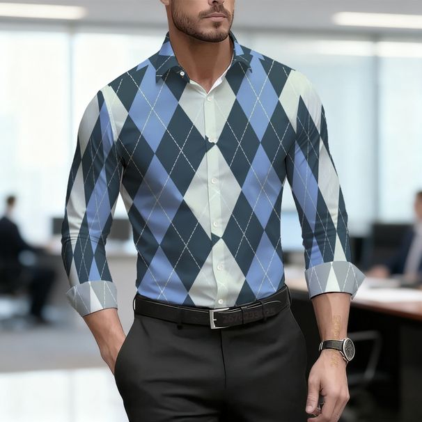 Camisa Para Hombre Con Patrón De Cuadrícula De Diamantes, Diseño Personalizado En Color Contrastante, Estilo Urbano Versátil, Ropa De Hombre A La Moda_viptrois.com