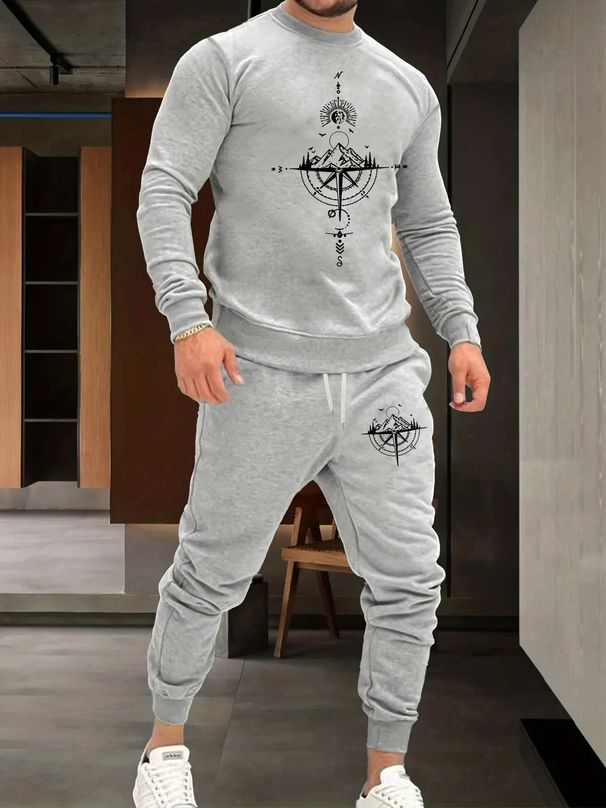 Men's Autumn And Winter Casual Warm Compass And Mountain Pattern Print Loose Thick Velvet Round Neck Sports Shirt+sports Pants Set_viptrois.com