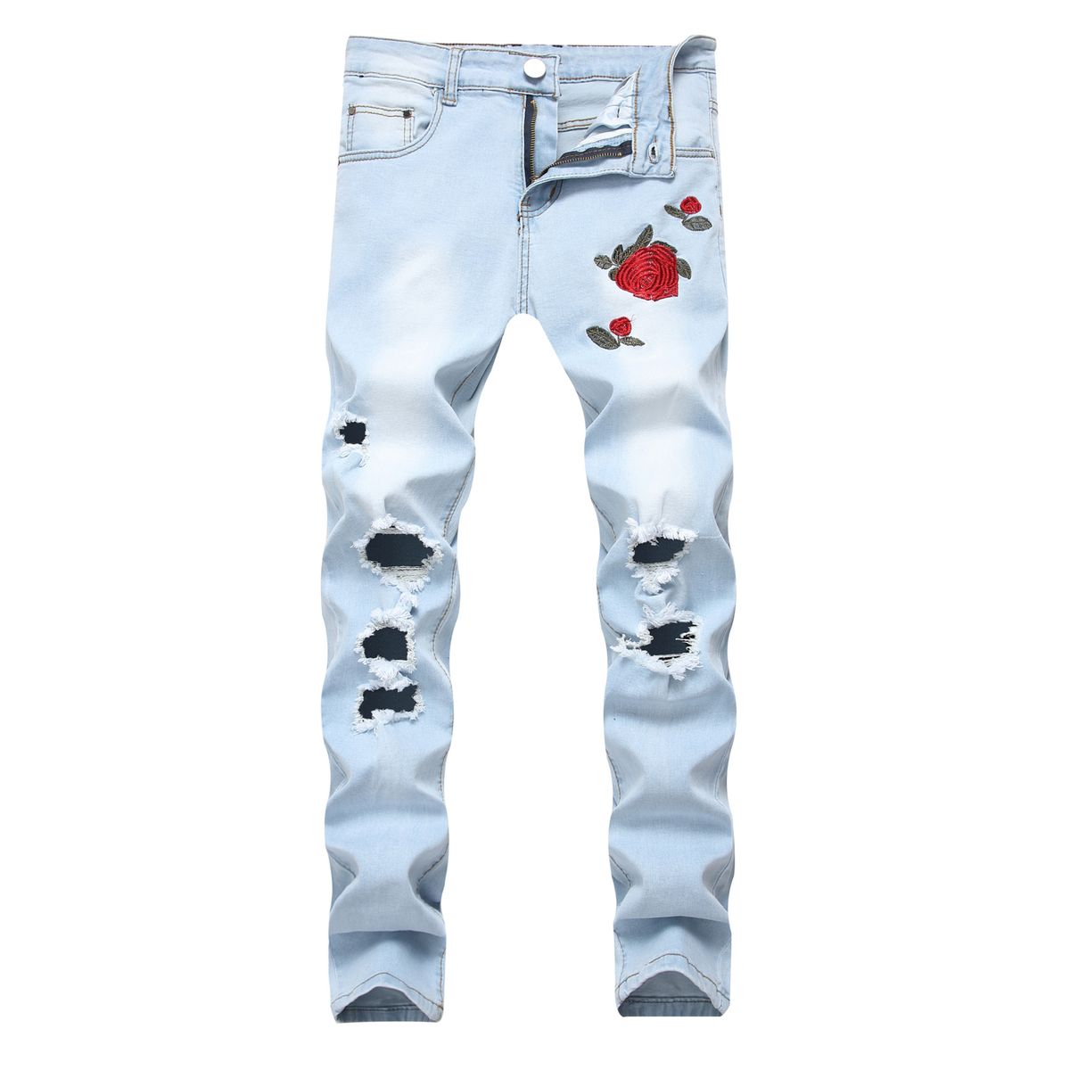 Men's Clothing New Men's Embroidered Rose Denim Ripped Light Blue Pants Slim Stretch Trousers_viptrois.com