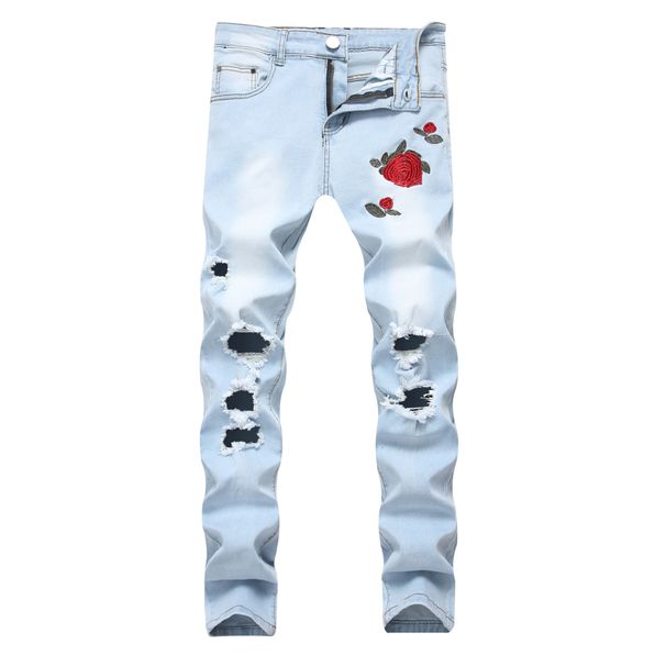 Men's Clothing New Men's Embroidered Rose Denim Ripped Light Blue Pants Slim Stretch Trousers_viptrois.com