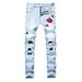 Men's Clothing New Men's Embroidered Rose Denim Ripped Light Blue Pants Slim Stretch Trousers_viptrois.com