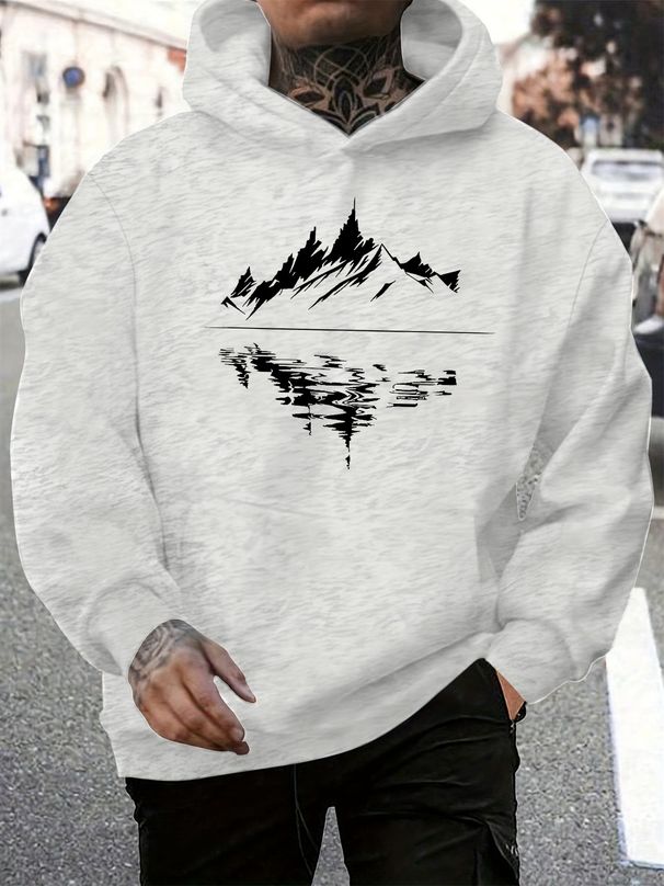 Men's Autumn And Winter Casual Fashionable Loose Hooded Sweatshirt With Mountain Reflection Pattern Printed Warm Long Sleeved Pullover_viptrois.com