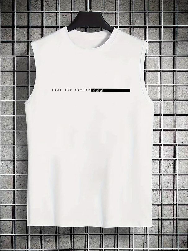 100% Pure Cotton Men's Summer Casual Sports Fitness Loose FACE THE FUTURE Letter Pattern Printed Breathable Round Neck Sleeveless Vest_viptrois.com