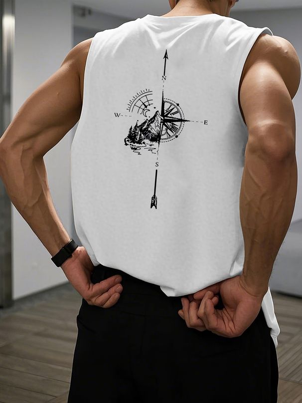 100% Pure Cotton Men's Summer Leisure Sports Fitness Loose Compass And Mountain Pattern Printed Breathable Round Neck Sleeveless Vest_viptrois.com