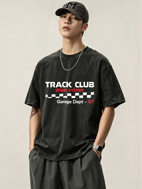 230g Washed Men Crew Neck Tee TRACK CLUB Checkered Flag Print Short Sleeve Casual Streetwear Summer Top_viptrois.com