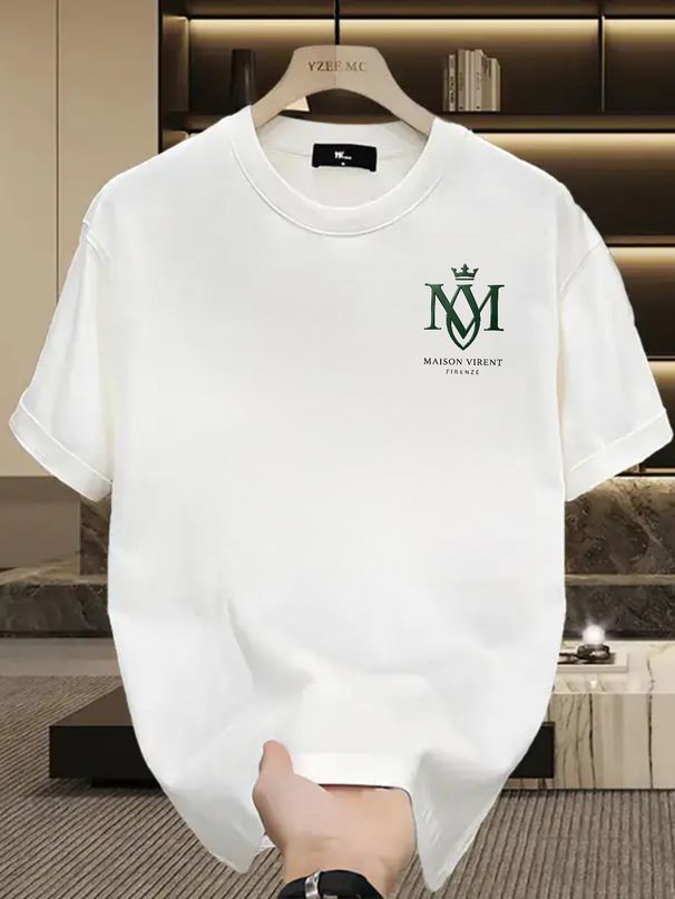 Men's Clothing Men's 100% Cotton Short Sleeve T-Shirt Crown MV Monogram Logo Trendy Brand Summer High Street Loose Fit Top Versatile Niche Style_viptrois.com