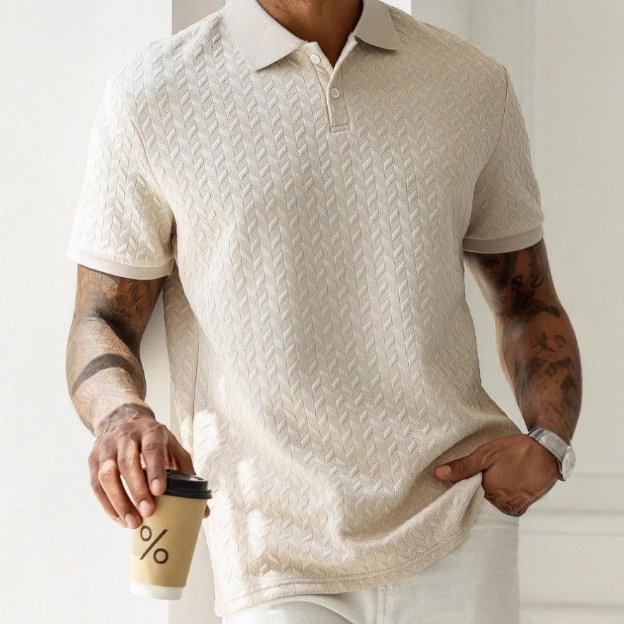 Men's Clothing Summer Men's Fashion Casual All Match Round Neck Short Sleeve Texture Polo Shirt Tops_viptrois.com