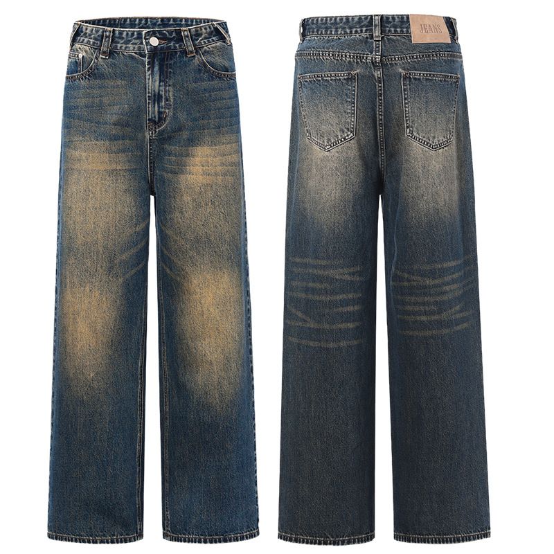 Men's Clothing & Archer0603 & Retro Washed American High Street Yellow Mud Color Wide Leg Jeans Men's Floor Length Distressed Straight Leg Pants_viptrois.com