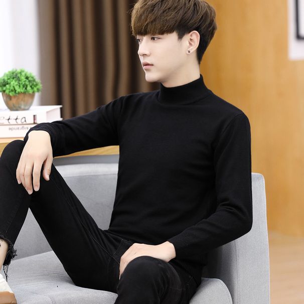 Men's Clothing Autumn 2024 Korean Style Men's Bottoming Knitwear Solid Color Half-turtleneck Long-sleeved Fashionable Youth Casual Sweater Top_viptrois.com