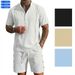 Men's Short Sleeved Henley Collar Cotton Linen Shirt And Shorts Set Solid Color Cuban Guayabella Popular Style_viptrois.com