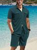 Men's Solid Color Pocket Shirt Short Sleeved Shorts Two Piece Suit_viptrois.com