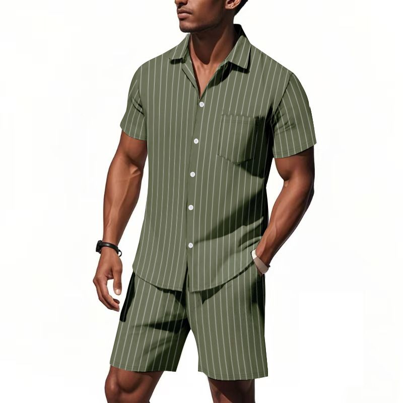 Men's Clothing Men's Summer Linen Suit Striped Jacquard Loose Short Sleeve Shirt And Beach Shorts Two-Piece Set_viptrois.com