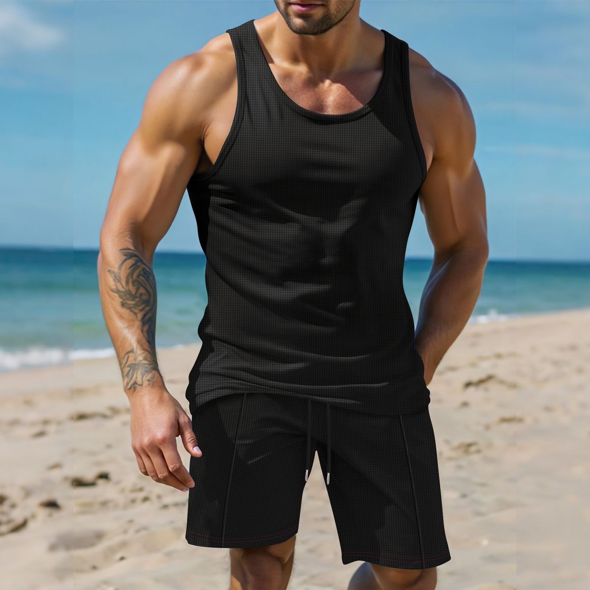 Men's Clothing New Waffle Solid Color Outdoor Leisure Breathable Short Sleeved Vest Shorts Sports Suit_viptrois.com