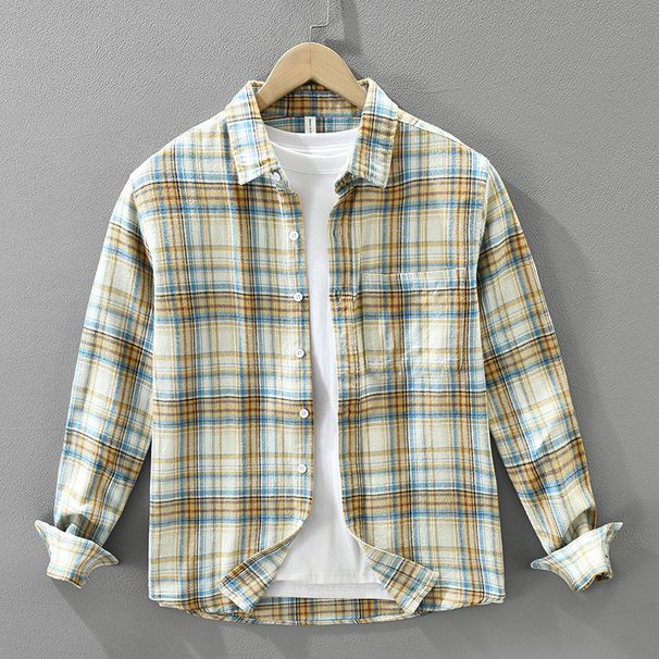 Fresh Plaid Long Sleeved Shirt For Men, Fashionable And Versatile, Artistic And Casual Loose Top_viptrois.com