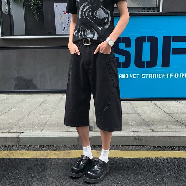 American Retro Straight-leg Large-pocket Cropped Jeans With Curved Patchwork, Trendy Brand, Cool And Loose Wide-leg_viptrois.com
